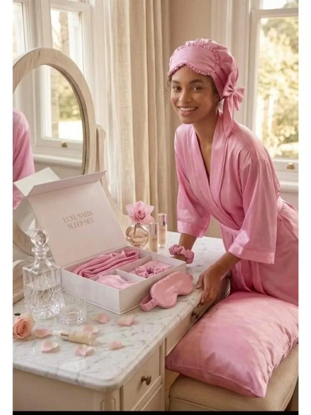 Luxury Satin Sleep Set Gift Box - Hair Bonnet, Eye Mask, Pillowcase & Scrunchie